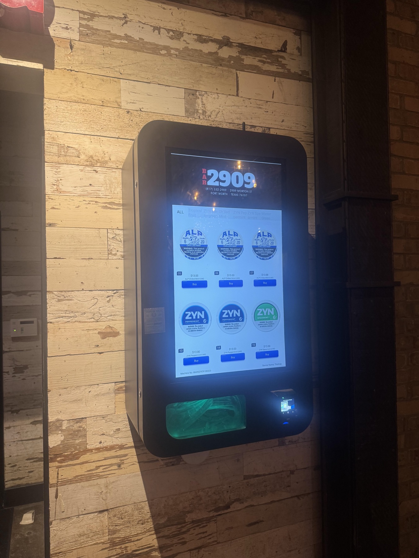 Gump's Vending Solutions machine at Bar 2909 in Fort Worth, TX